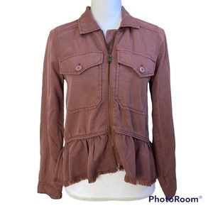 American Eagle Burgundy Lyocell Zip Front Jacket Raw Peplum Hem XXS